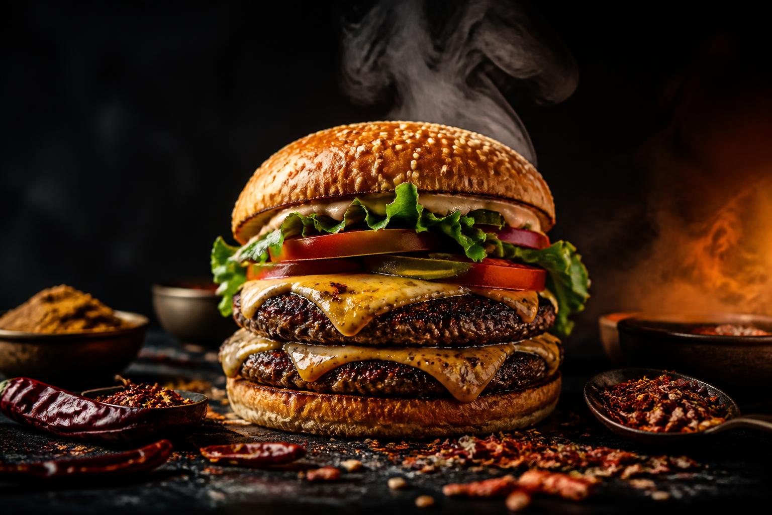 Flame-grilled double burger with masala spices